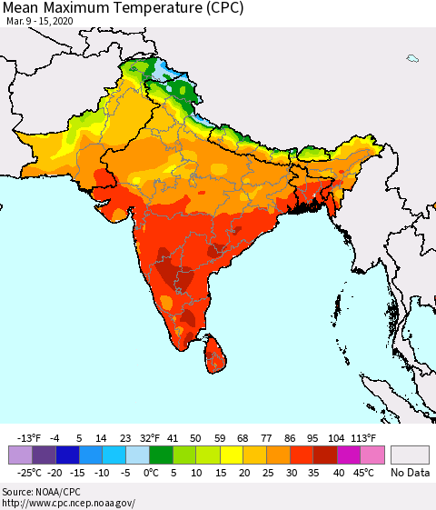 Southern Asia Maximum Temperature (CPC) Thematic Map For 3/9/2020 - 3/15/2020