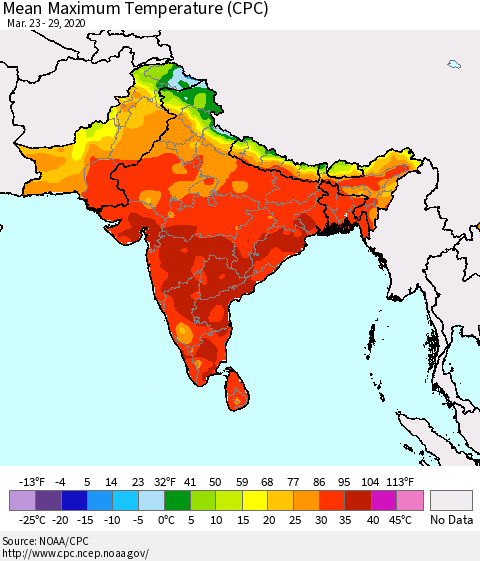 Southern Asia Maximum Temperature (CPC) Thematic Map For 3/23/2020 - 3/29/2020