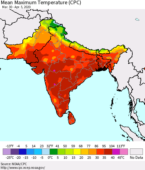 Southern Asia Maximum Temperature (CPC) Thematic Map For 3/30/2020 - 4/5/2020