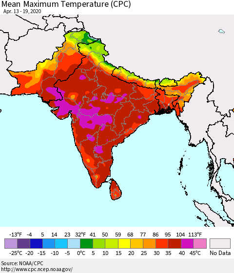Southern Asia Mean Maximum Temperature (CPC) Thematic Map For 4/13/2020 - 4/19/2020