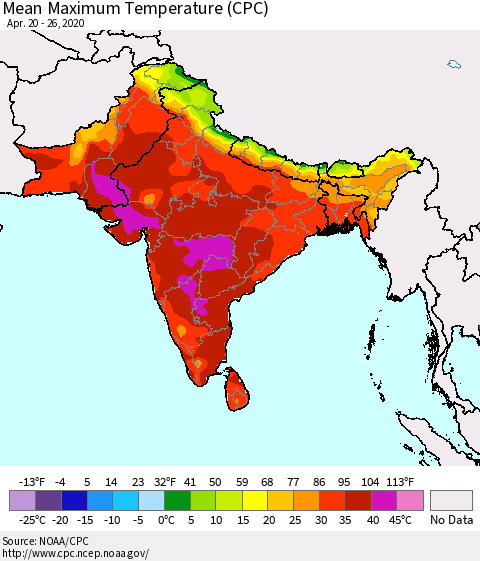 Southern Asia Maximum Temperature (CPC) Thematic Map For 4/20/2020 - 4/26/2020