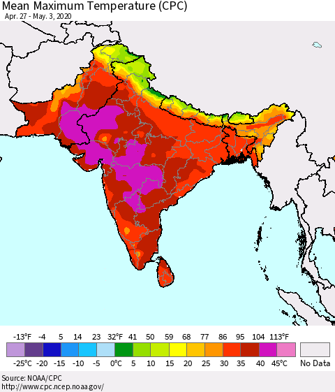 Southern Asia Maximum Temperature (CPC) Thematic Map For 4/27/2020 - 5/3/2020