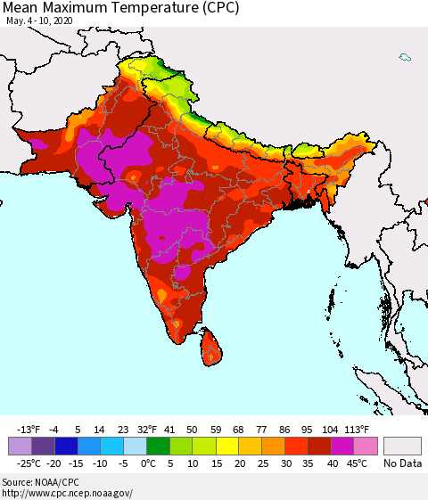 Southern Asia Mean Maximum Temperature (CPC) Thematic Map For 5/4/2020 - 5/10/2020