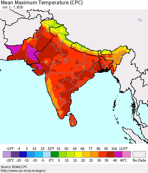 Southern Asia Maximum Temperature (CPC) Thematic Map For 6/1/2020 - 6/7/2020