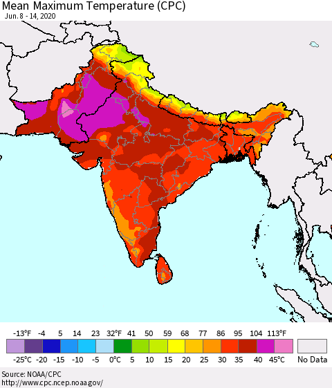 Southern Asia Mean Maximum Temperature (CPC) Thematic Map For 6/8/2020 - 6/14/2020