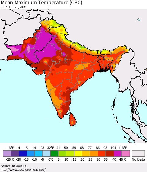 Southern Asia Mean Maximum Temperature (CPC) Thematic Map For 6/15/2020 - 6/21/2020
