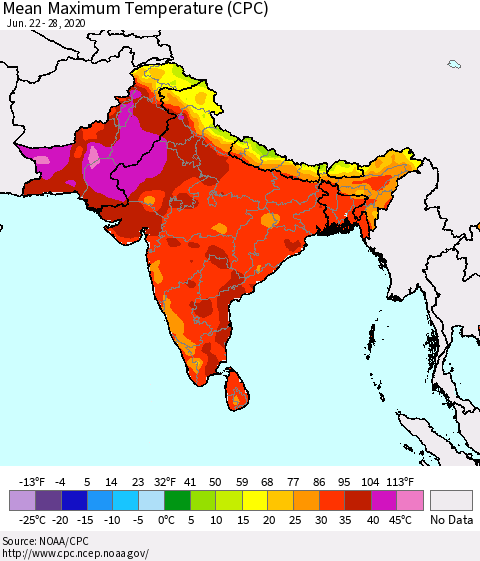 Southern Asia Mean Maximum Temperature (CPC) Thematic Map For 6/22/2020 - 6/28/2020