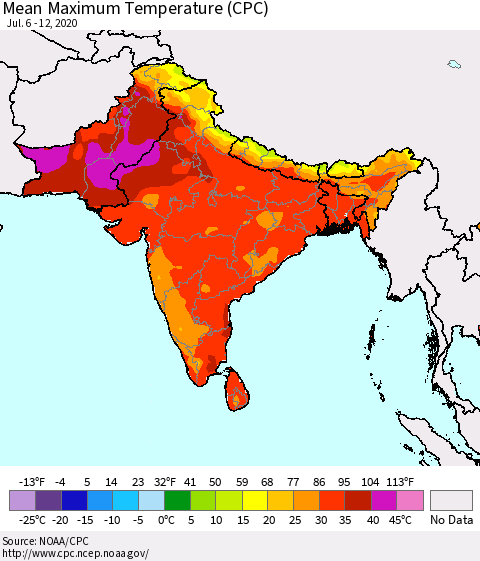 Southern Asia Mean Maximum Temperature (CPC) Thematic Map For 7/6/2020 - 7/12/2020