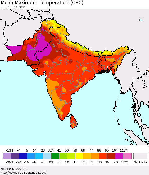 Southern Asia Maximum Temperature (CPC) Thematic Map For 7/13/2020 - 7/19/2020