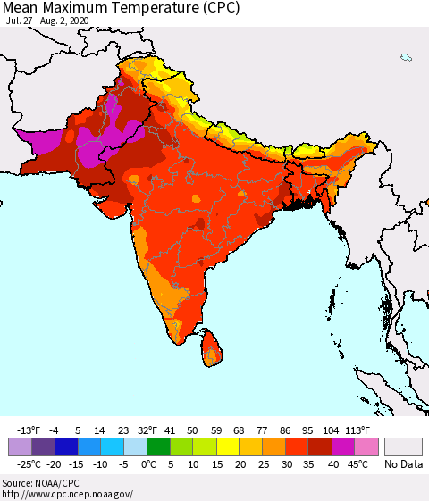 Southern Asia Maximum Temperature (CPC) Thematic Map For 7/27/2020 - 8/2/2020