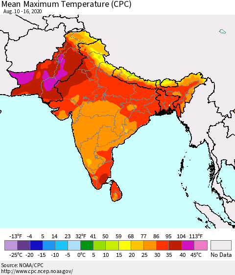 Southern Asia Maximum Temperature (CPC) Thematic Map For 8/10/2020 - 8/16/2020
