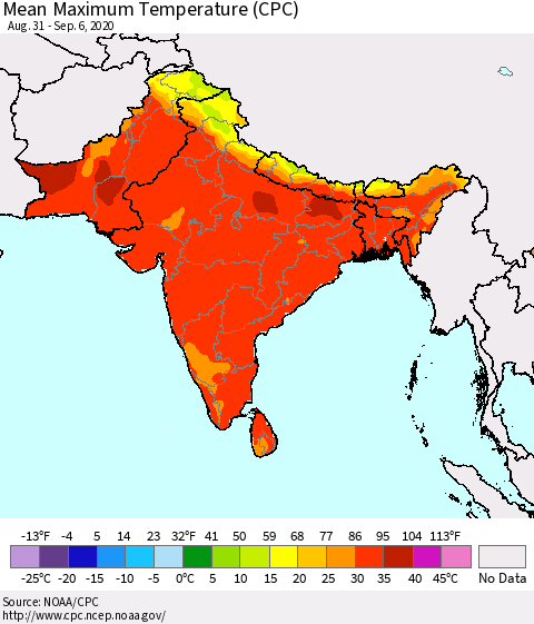 Southern Asia Mean Maximum Temperature (CPC) Thematic Map For 8/31/2020 - 9/6/2020