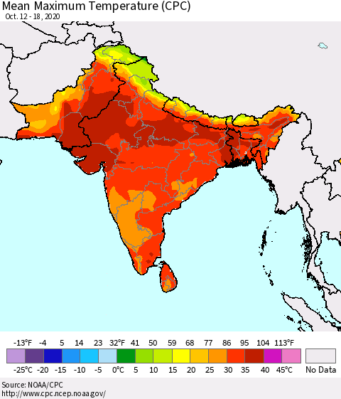 Southern Asia Mean Maximum Temperature (CPC) Thematic Map For 10/12/2020 - 10/18/2020
