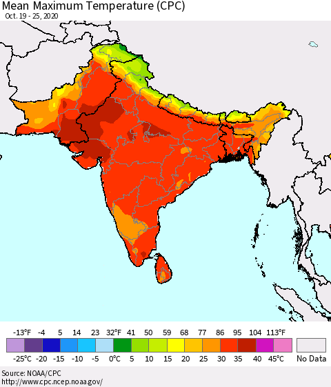 Southern Asia Maximum Temperature (CPC) Thematic Map For 10/19/2020 - 10/25/2020