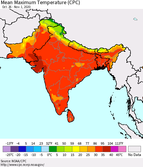 Southern Asia Mean Maximum Temperature (CPC) Thematic Map For 10/26/2020 - 11/1/2020