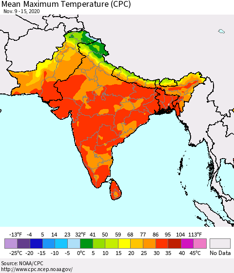 Southern Asia Mean Maximum Temperature (CPC) Thematic Map For 11/9/2020 - 11/15/2020