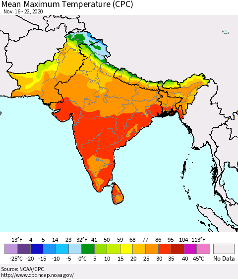 Southern Asia Mean Maximum Temperature (CPC) Thematic Map For 11/16/2020 - 11/22/2020