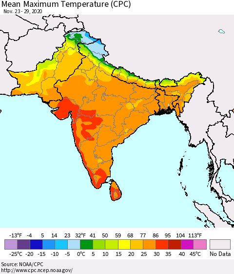 Southern Asia Mean Maximum Temperature (CPC) Thematic Map For 11/23/2020 - 11/29/2020