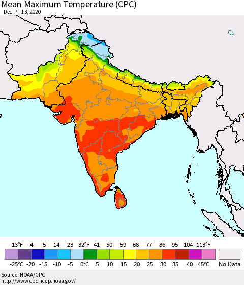 Southern Asia Mean Maximum Temperature (CPC) Thematic Map For 12/7/2020 - 12/13/2020
