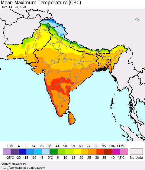 Southern Asia Maximum Temperature (CPC) Thematic Map For 12/14/2020 - 12/20/2020