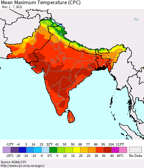 Southern Asia Maximum Temperature (CPC) Thematic Map For 3/1/2021 - 3/7/2021