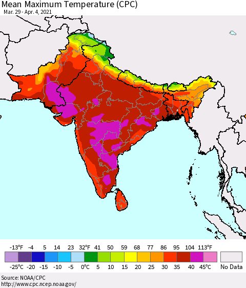 Southern Asia Mean Maximum Temperature (CPC) Thematic Map For 3/29/2021 - 4/4/2021