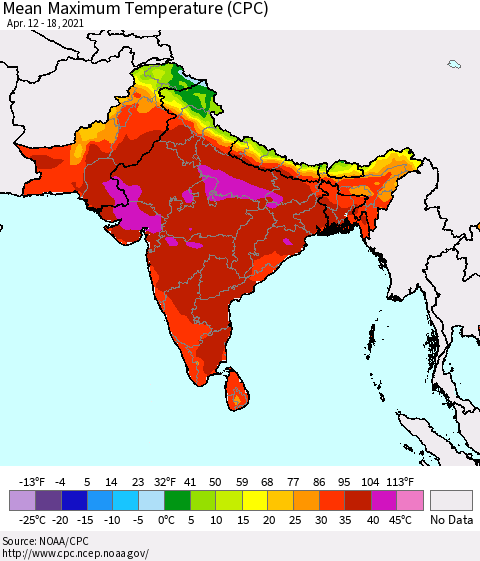 Southern Asia Maximum Temperature (CPC) Thematic Map For 4/12/2021 - 4/18/2021