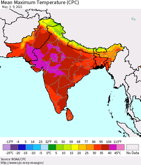 Southern Asia Maximum Temperature (CPC) Thematic Map For 5/3/2021 - 5/9/2021