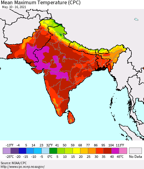 Southern Asia Mean Maximum Temperature (CPC) Thematic Map For 5/10/2021 - 5/16/2021