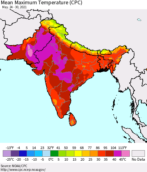 Southern Asia Mean Maximum Temperature (CPC) Thematic Map For 5/24/2021 - 5/30/2021