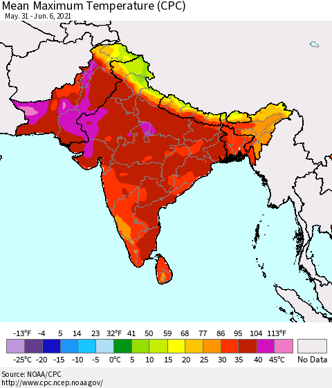 Southern Asia Maximum Temperature (CPC) Thematic Map For 5/31/2021 - 6/6/2021