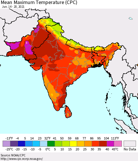 Southern Asia Maximum Temperature (CPC) Thematic Map For 6/14/2021 - 6/20/2021