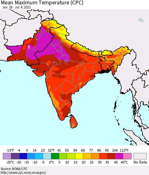Southern Asia Mean Maximum Temperature (CPC) Thematic Map For 6/28/2021 - 7/4/2021