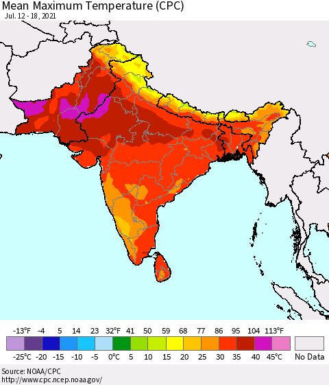 Southern Asia Mean Maximum Temperature (CPC) Thematic Map For 7/12/2021 - 7/18/2021