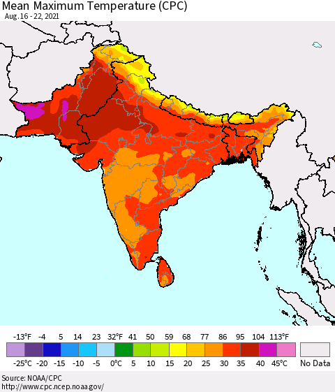 Southern Asia Mean Maximum Temperature (CPC) Thematic Map For 8/16/2021 - 8/22/2021