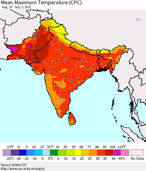 Southern Asia Mean Maximum Temperature (CPC) Thematic Map For 8/30/2021 - 9/5/2021
