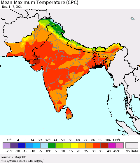 Southern Asia Maximum Temperature (CPC) Thematic Map For 11/1/2021 - 11/7/2021