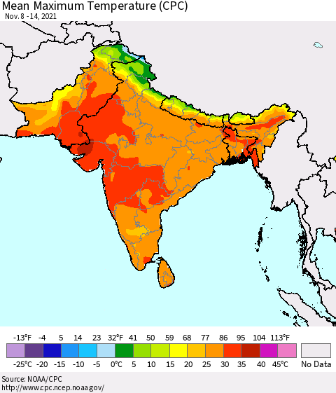 Southern Asia Mean Maximum Temperature (CPC) Thematic Map For 11/8/2021 - 11/14/2021