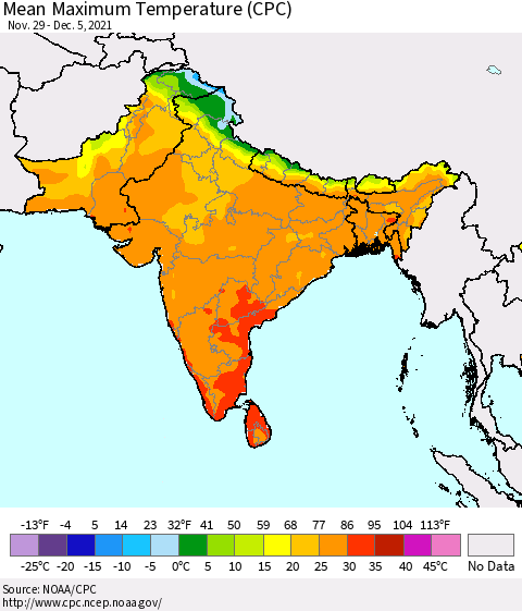 Southern Asia Maximum Temperature (CPC) Thematic Map For 11/29/2021 - 12/5/2021