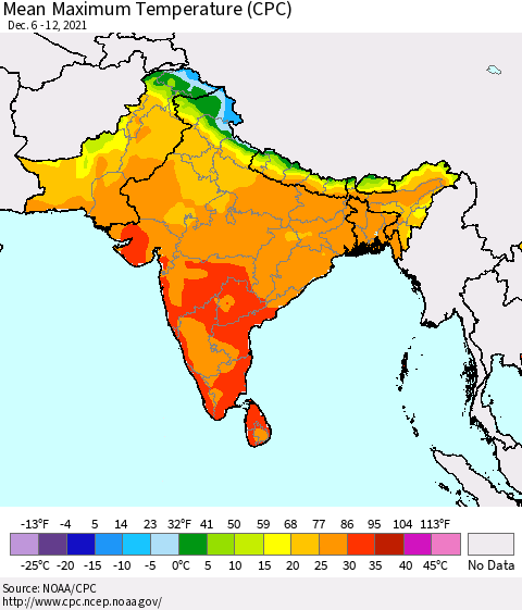 Southern Asia Maximum Temperature (CPC) Thematic Map For 12/6/2021 - 12/12/2021