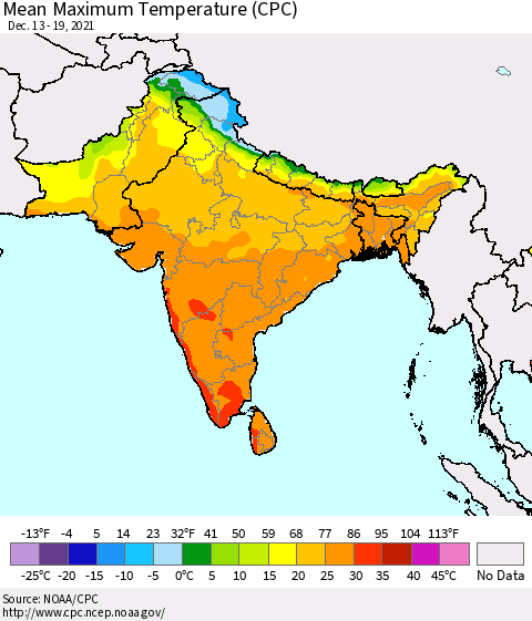 Southern Asia Mean Maximum Temperature (CPC) Thematic Map For 12/13/2021 - 12/19/2021