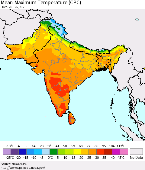 Southern Asia Mean Maximum Temperature (CPC) Thematic Map For 12/20/2021 - 12/26/2021