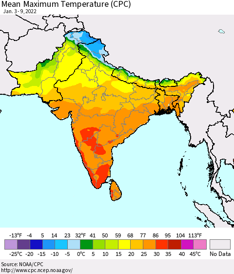Southern Asia Mean Maximum Temperature (CPC) Thematic Map For 1/3/2022 - 1/9/2022
