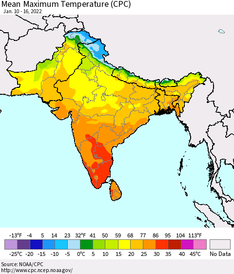 Southern Asia Maximum Temperature (CPC) Thematic Map For 1/10/2022 - 1/16/2022
