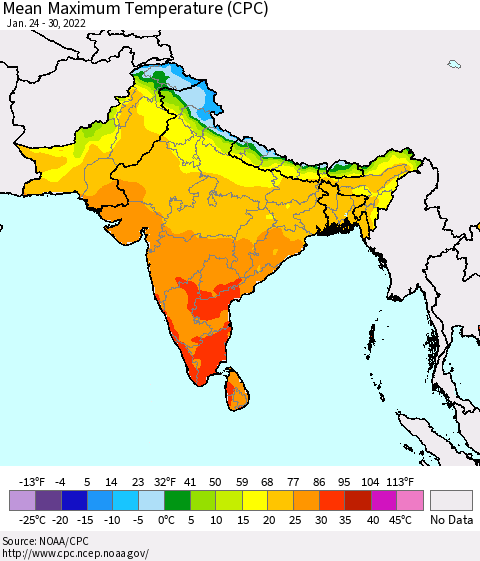 Southern Asia Mean Maximum Temperature (CPC) Thematic Map For 1/24/2022 - 1/30/2022
