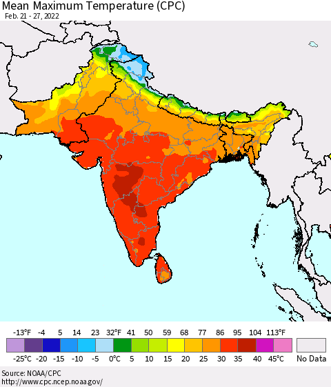 Southern Asia Mean Maximum Temperature (CPC) Thematic Map For 2/21/2022 - 2/27/2022