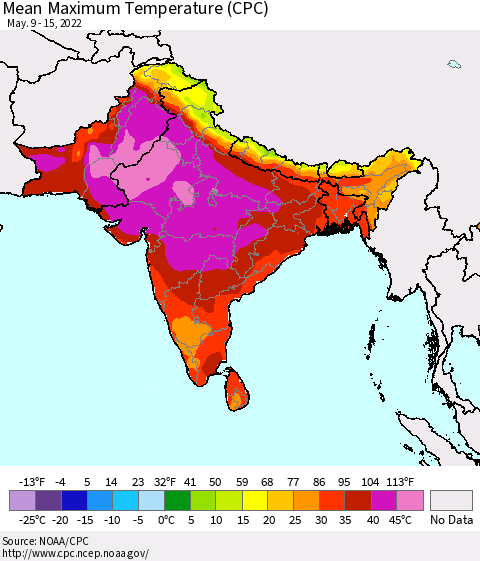 Southern Asia Maximum Temperature (CPC) Thematic Map For 5/9/2022 - 5/15/2022