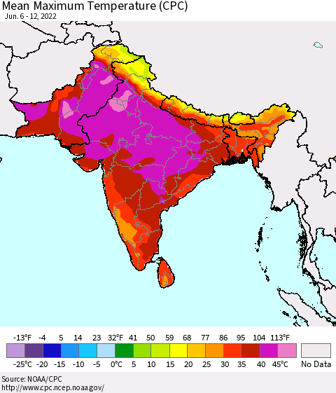 Southern Asia Mean Maximum Temperature (CPC) Thematic Map For 6/6/2022 - 6/12/2022