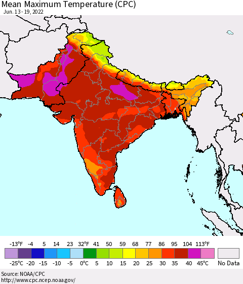 Southern Asia Mean Maximum Temperature (CPC) Thematic Map For 6/13/2022 - 6/19/2022
