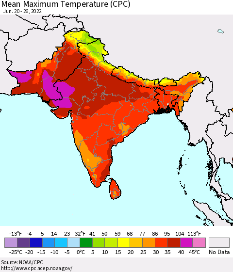 Southern Asia Mean Maximum Temperature (CPC) Thematic Map For 6/20/2022 - 6/26/2022